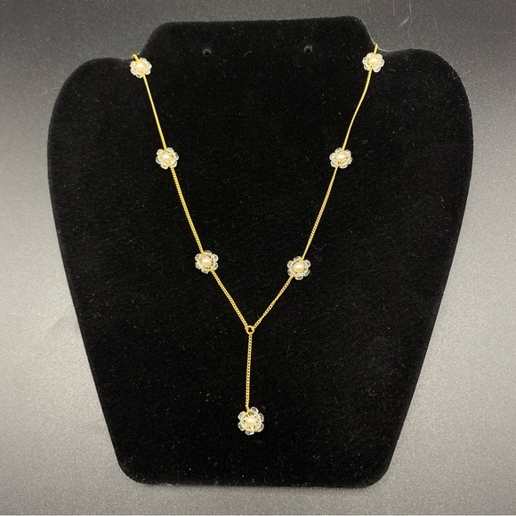 MONET Pearl Bead Gold Tone Y Necklace New - Picture 2 of 6